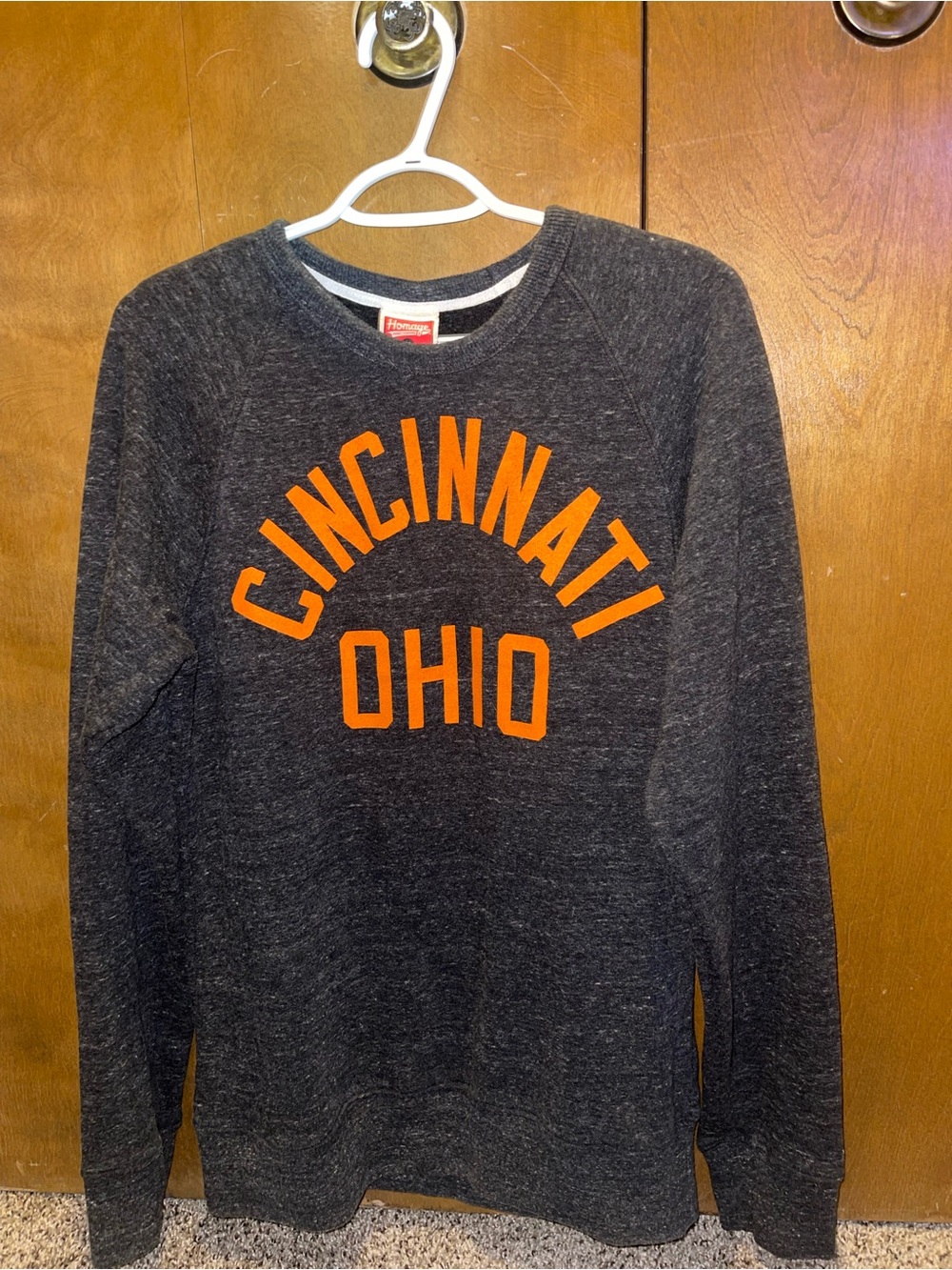 HOMAGE Charcoal Crewneck Sweatshirt with Orange "Cincinnati Ohio"